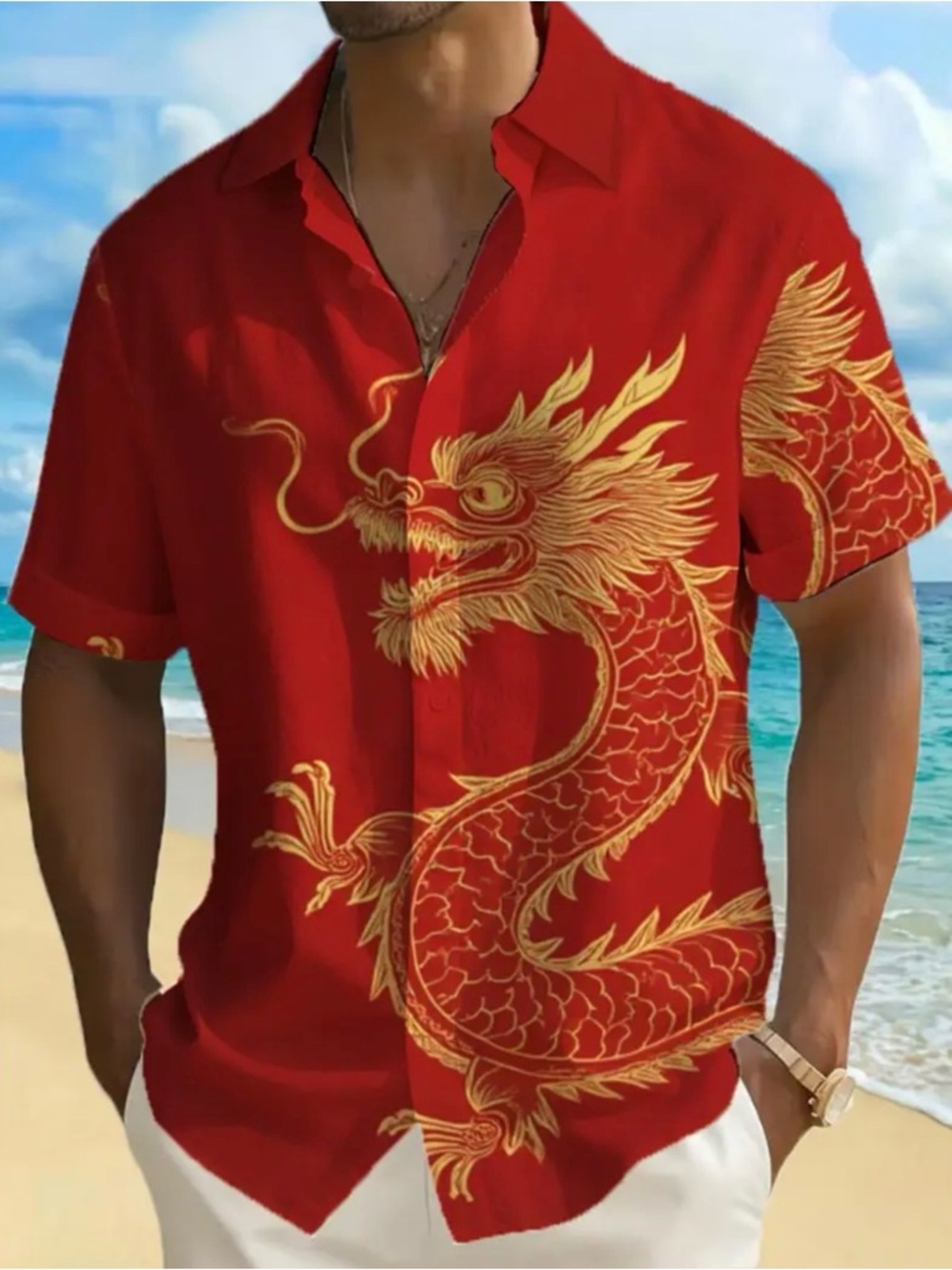 Red Dragon Print Short-Sleeve Men's Shirt
